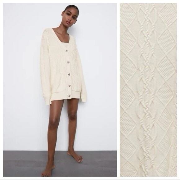 ZARA Women Long Sleeve Button Rib Trim Pointelle Knit Cardigan Size S Ecru - Picture 1 of 16